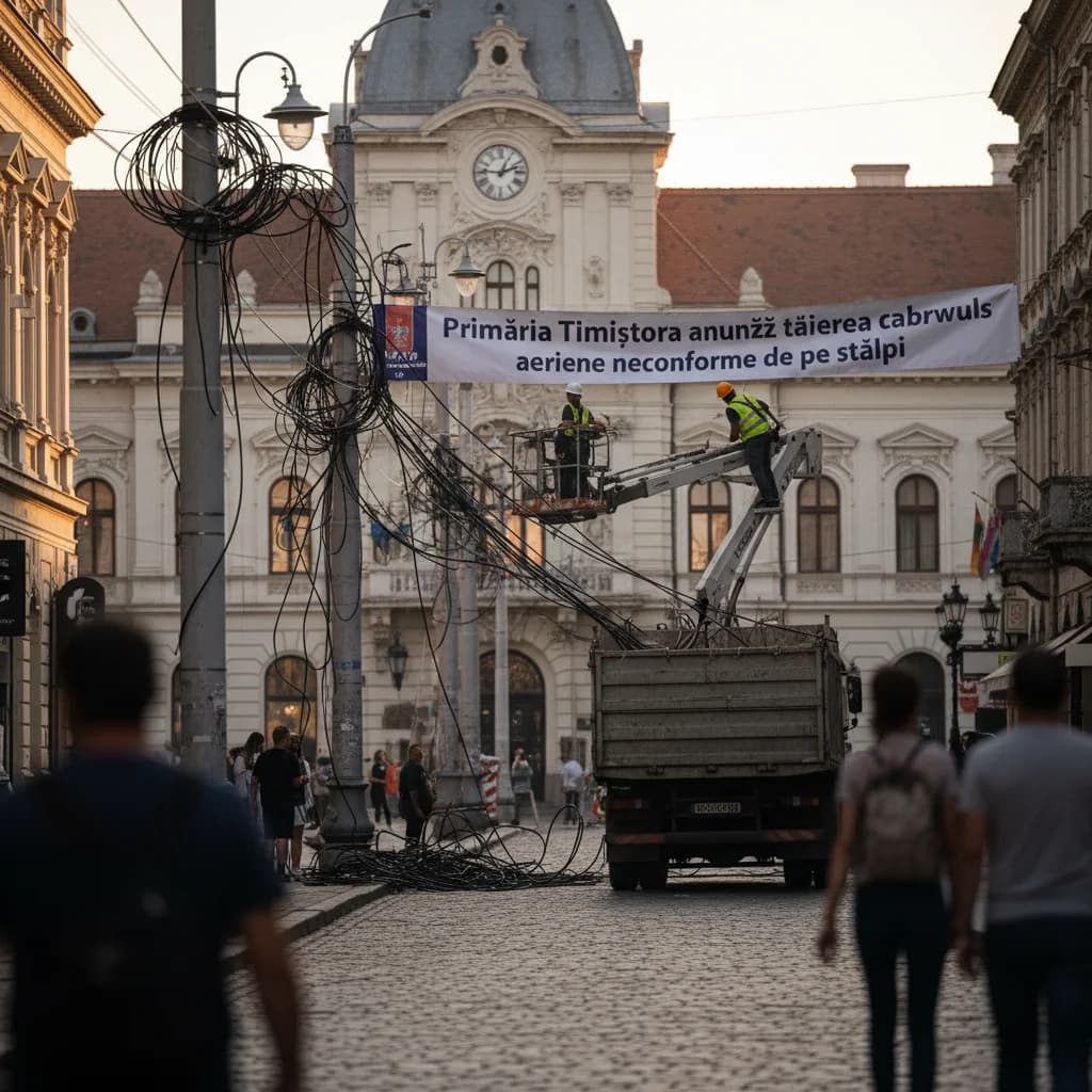 Primăria Timișoara reia tăierea cablurilor aeriene neconforme de pe stâlpi