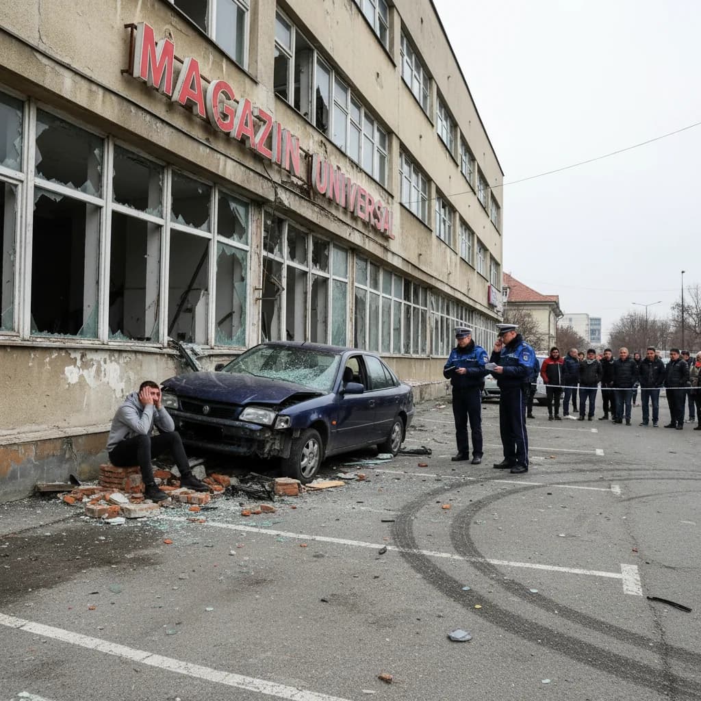 Tânăr a intrat cu mașina în clădire după spectacolul din parcare