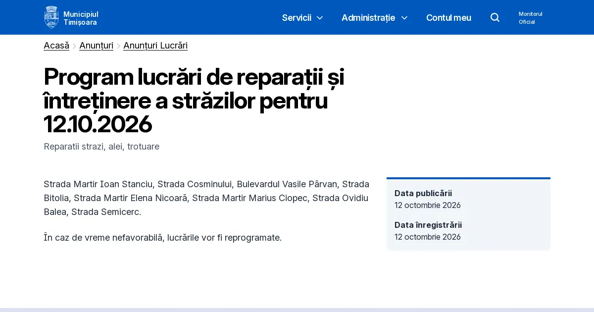 Opt străzi pe agenda de reparații din 12 octombrie, cu Vasile Pârvan și Bitolia