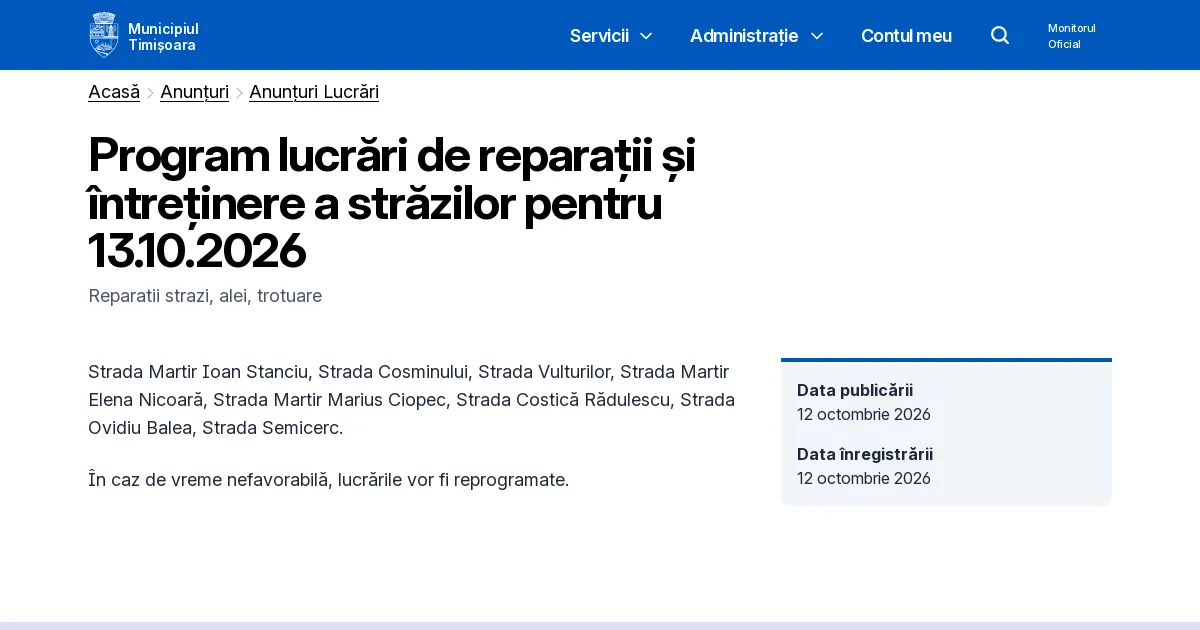 Pe 13 octombrie, reparații pe Vulturilor, Costică Rădulescu și alte șase străzi
